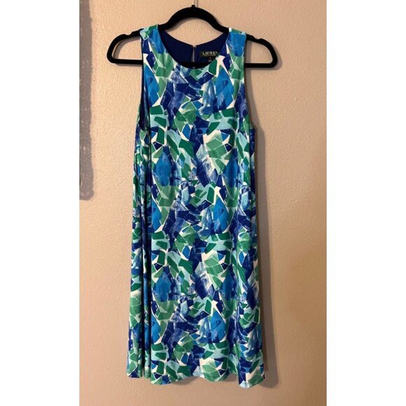 Ralph Lauren A Line Shift Dress 10 Blue Green White Stretch Washable Sleeveless - Picture 7 of 8